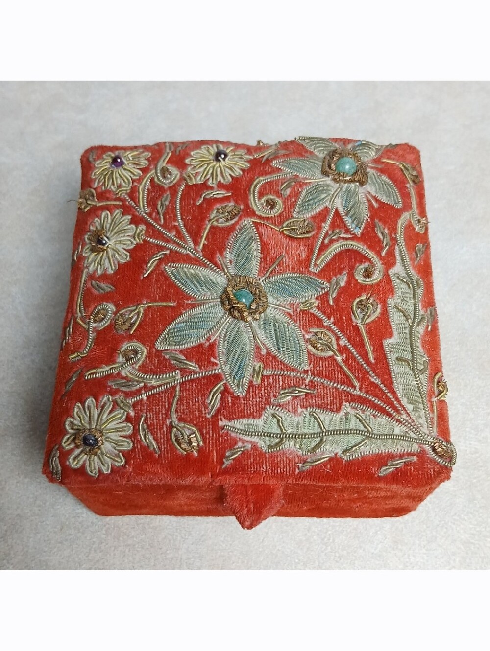 Vintage Orangy Red Velvet Embroidered Beaded Floral Jewelry Trinket Box